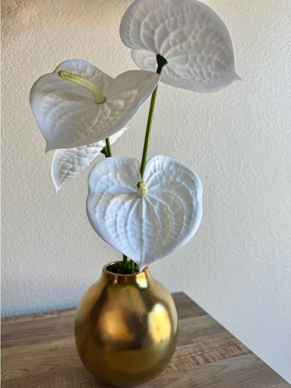 Gold Ceramic Vase with White Anthurium Stems - Home Accents